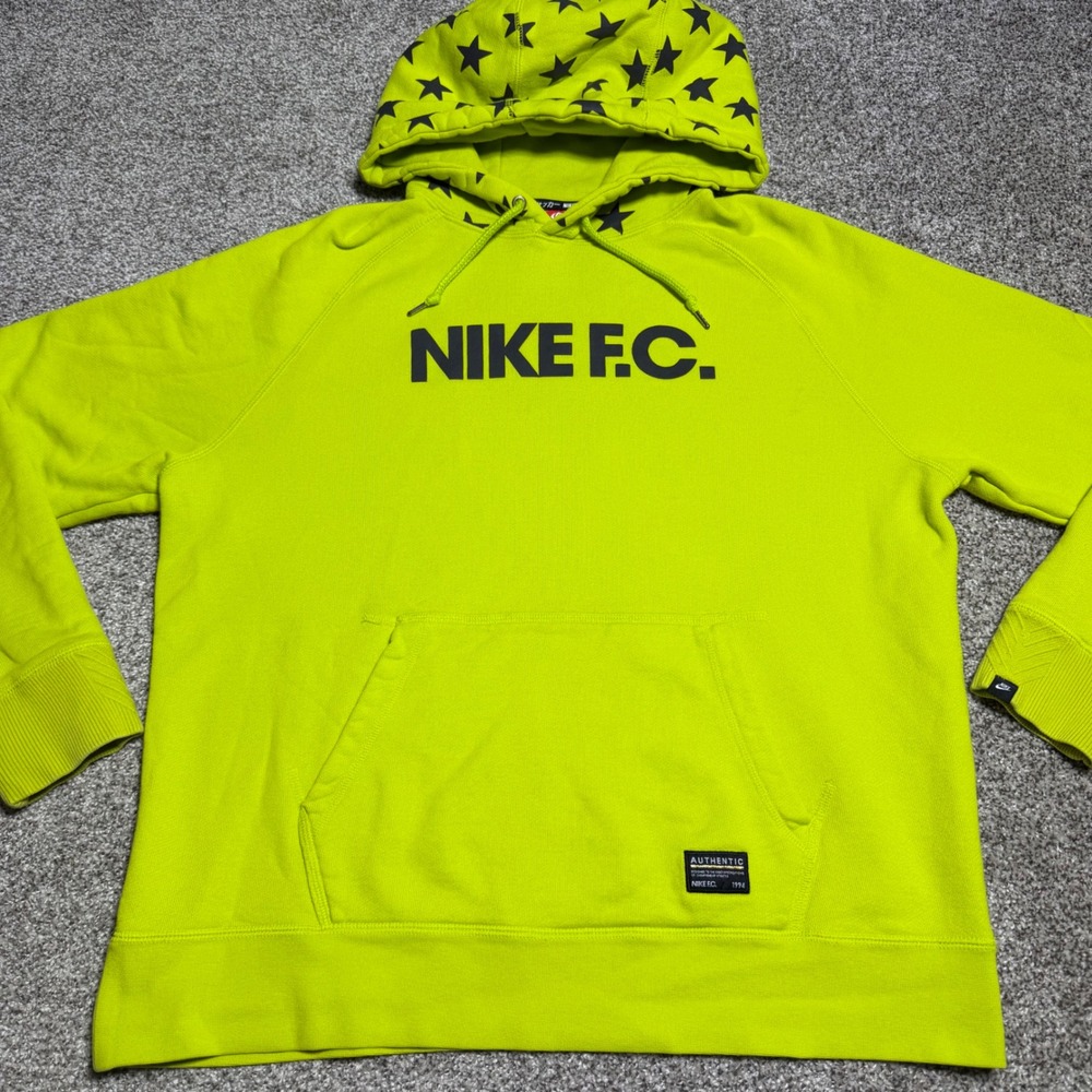 Nike Football Men L F.C. Star Hoodie Neon Green Soccer Futbal Cotton Athleisure